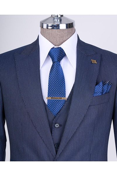 TerziAdemAltun Costum cu dungi în stil italian bleumarin - jachete, vestă, pantaloni T10731