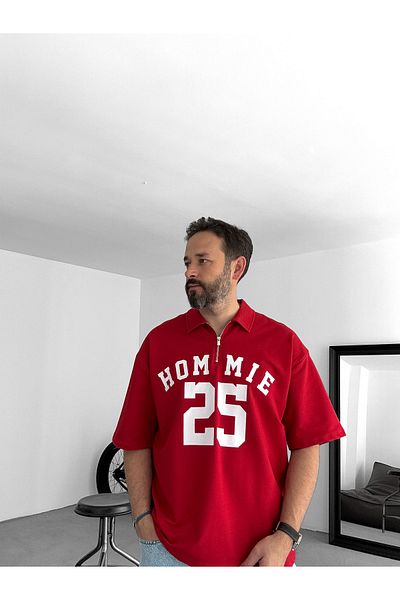 BYBASICMAN Red 25 Printed Half Zipper T-Shirt Lb-2009