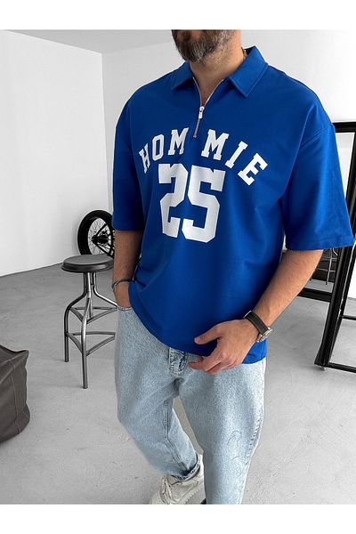 BYBASICMAN Blue 25 Printed Half Zipper T-Shirt Lb-2009