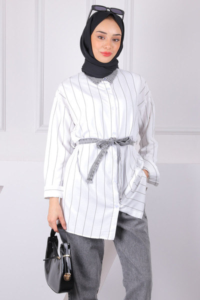 İmajButik Smoked Waist Belted Jeans Garnished Tunic Trousers Suit