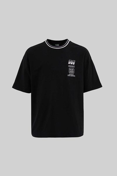 Machinist Men's Striped Collar and Embroidered Oversize Black T-Shirt