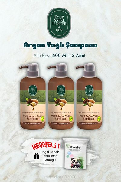 Eyüp Sabri Tuncer 600 ml Argan Oil Shampoo X 3 and Rosie Gift