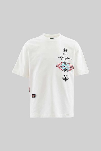 Machinist Men's Ethnical Printed and Embroidered T-Shirt Ecru