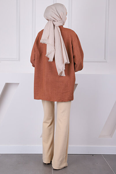 İmajButik Καφέ λινό χιτώνα με μανίκια