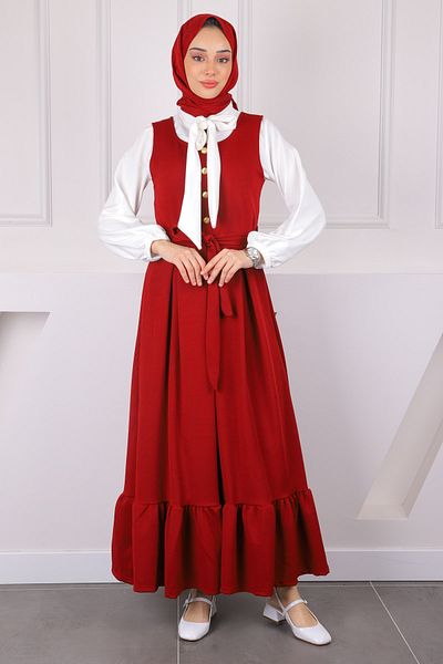 İmajButik Φόρεμα Gilet με μπλούζα με ζωσμένη μπορντό