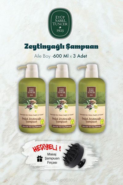 Eyüp Sabri Tuncer 3 Olive Oil Shampoo 600 ml and Shampoo Brush Gift