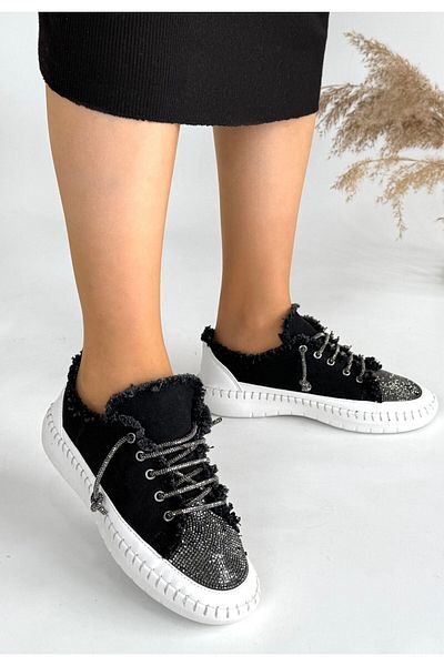 Butik Women's Black Denim Lace-Up Sports Shoes