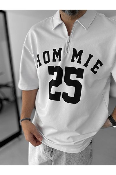 BYBASICMAN White 25 Printed Half Zipper T-Shirt Lb-2009