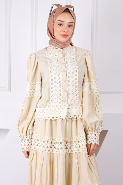 İmajButik Beige Guipure Blouse Skirt Suit