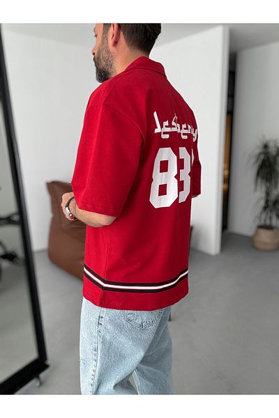 BYBASICMAN تي شيرت أحمر 888 مطبوع بنصف سحاب LB-2013