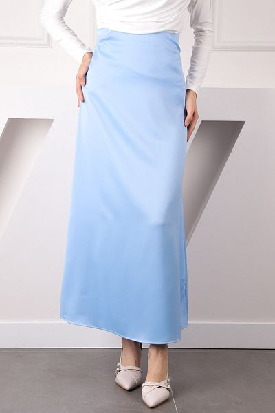 İmajButik Fusta evazată din satin cu fermoar lateral albastru