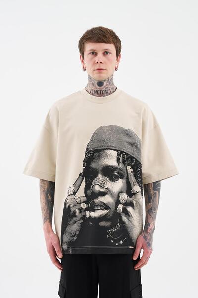 Machinist Men's Papper Printed Oversize Soft Beige T-Shirt