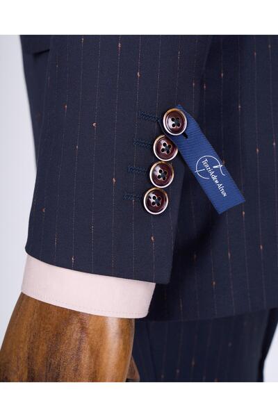 TerziAdemAltun Olasz stílusú slim fit csíkos kétsoros kabát nadrágkosztüm sötétkék T9501