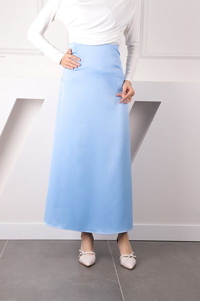 İmajButik Fusta evazată din satin cu fermoar lateral albastru