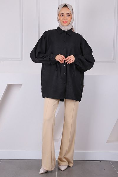İmajButik Black Linen Tunic with Sleeve Ties