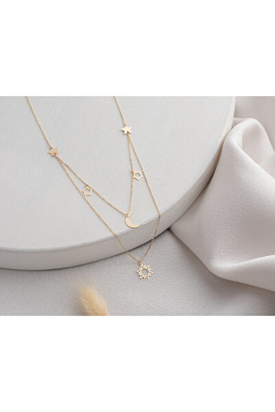 Minimal Kolye 14 Ayar Altın Güneş, Ay ve Yıldız Katmanlı Kolye – Minimal ve Z...