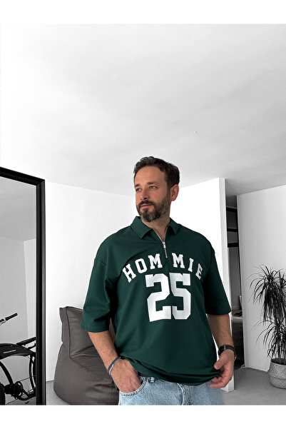 BYBASICMAN Dark Green 25 Printed Half Zipper T-Shirt Lb-2009