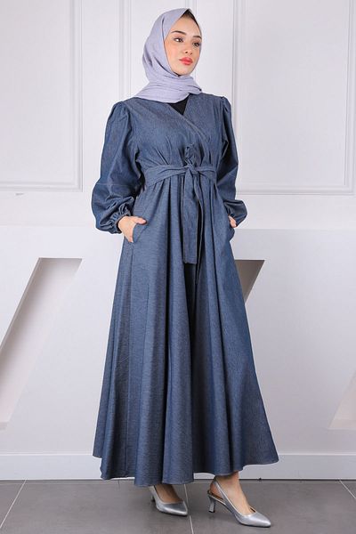 İmajButik Σκούρο μπλε τζιν φόρεμα με διπλό στήθος με λαιμόκοψη