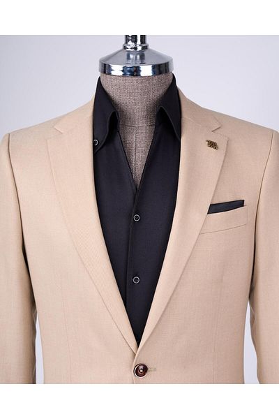 TerziAdemAltun Camel Италиански стил Slim Fit Mono яка сако и панталон комплект - T11545
