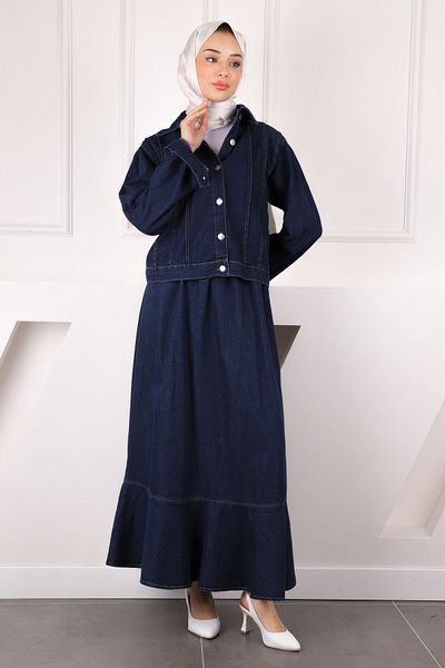 İmajButik Σκούρο μπλε τζιν μπουφάν φούστα κοστούμι