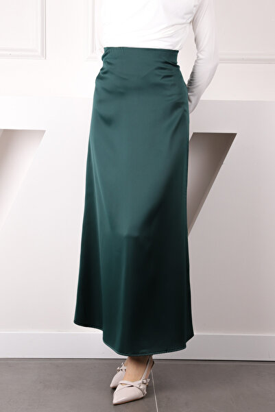 İmajButik Emerald Green Side Zipper Satin Flared Skirt