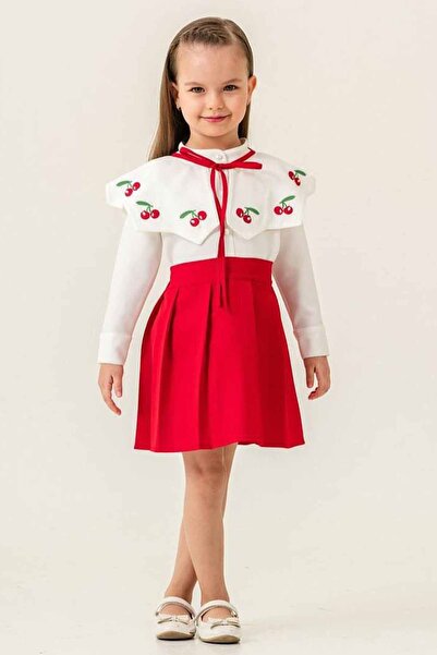 Minigimin Cicileri Miniğimin Cicileri Kiraz Desenli Geniş Yaka Kız Çocuk Etekli Takım - Kırmızı