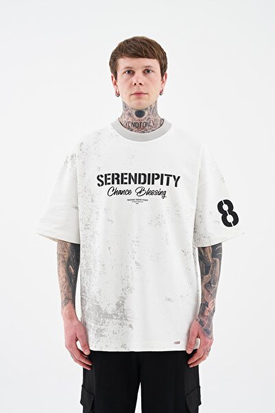 Machinist Men's All over Printed and Contrast Collar Oversize Ecru T-Shirt