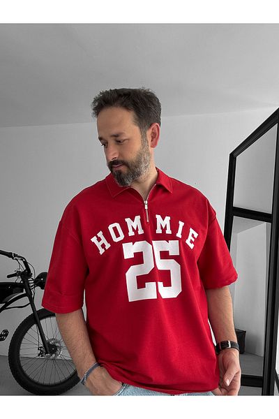 BYBASICMAN Red 25 Printed Half Zipper T-Shirt Lb-2009