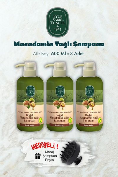 Eyüp Sabri Tuncer 3 Macadamia Oil Shampoo 600 ml and Shampoo Brush Gift