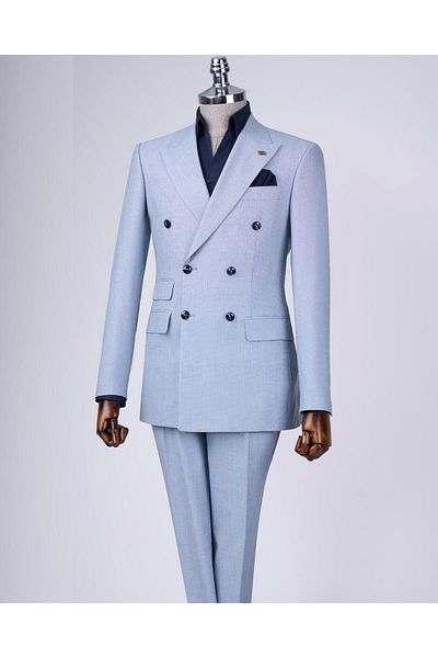 TerziAdemAltun Italian Style Slim Fit Men's Double-Breasted Jacket Pants Suit Blue T12982