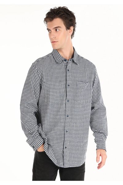 Colin's Comfort Fit Shirt Neck Checked Men's Navy Blue Long Sleeve Shirt