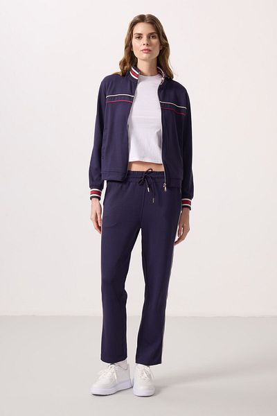 TOMMY LIFE Dark Purple Soft Textured Knitwear Stand Collar Oversize Women's Tracksuit - 95350
