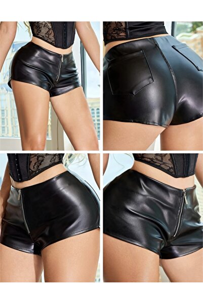 NYC GİYİM TEKSTİL Deri mini şort fermuarlı