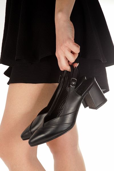 Modabuymus City Black Genuine Leather Stiletto Open Back Thick Heeled Shoes