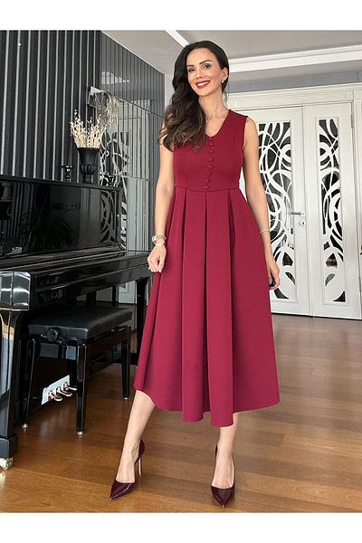 Atelier Derin Rochie midi cu nasturi burgundy cu decolteu in V