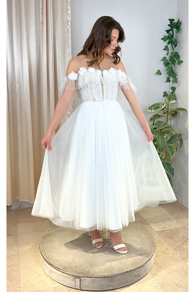 MAUNAU Romantik Kol / Drapeli Beden İncili Etek Midi Boy Nikah Elbisesi