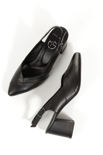 Modabuymus City Black Genuine Leather Stiletto Open Back Thick Heeled Shoes