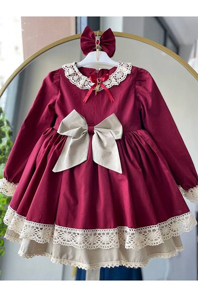 Sare Çocuk Giyim Girl's Burgundy Fabric Birthday Princess Dress, Vintage Antiallergic Stylish Fluffy Evening Dress + Buckle