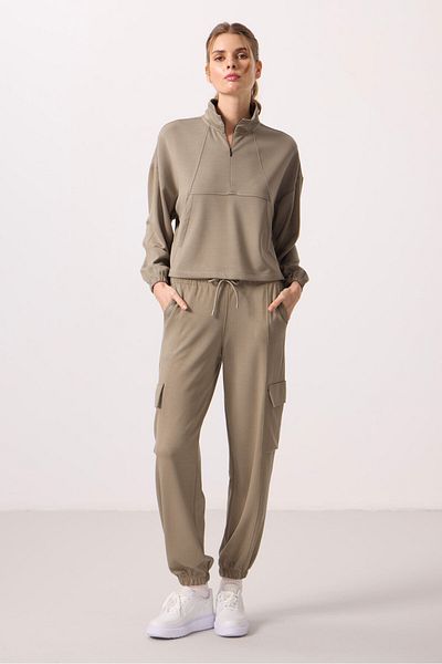 TOMMY LIFE Dark Beige Soft Pile Stand Collar Hidden Zipper Oversize Women's Tracksuit Suit