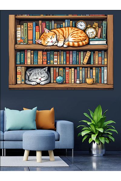 Tablomega Διακοσμητικός πίνακας Sleeping Cat στην βιβλιοθήκη