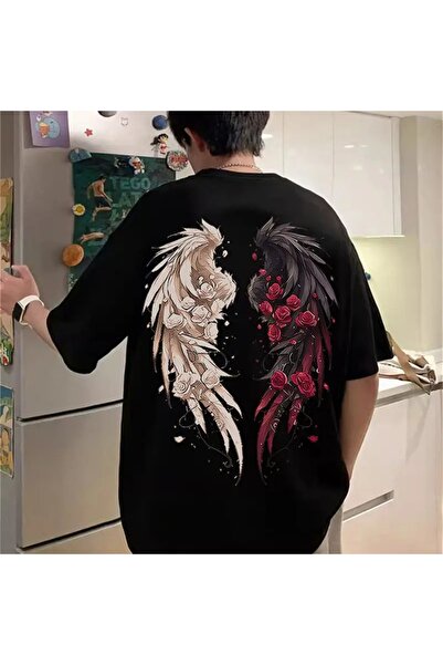 LAND MODA Μπλουζάκι με στάμπα τριαντάφυλλα και φτερά - Φαρδιά γραμμή, άνετο κ...