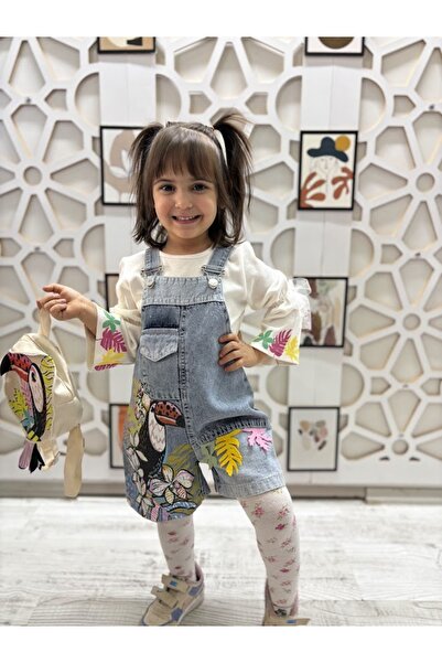 KUMRUNUN DÜNYASI Kız Çocuk Desenli Mevsimlik Kot Salopet Tulum Papağan Kuş Ça...