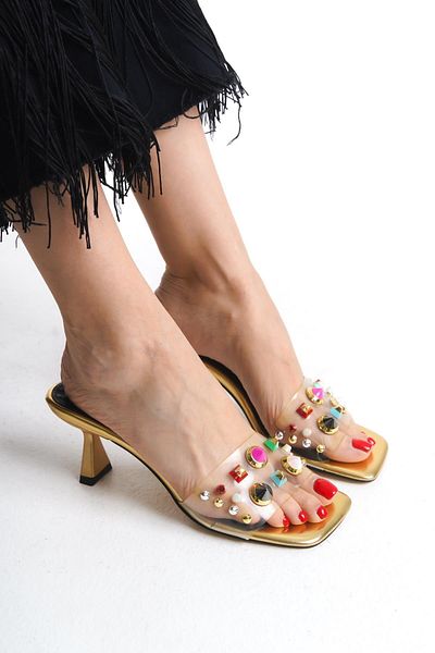 Niloshka Γυναικείες παντόφλες VİSCA Gold Skin Transparent Stone