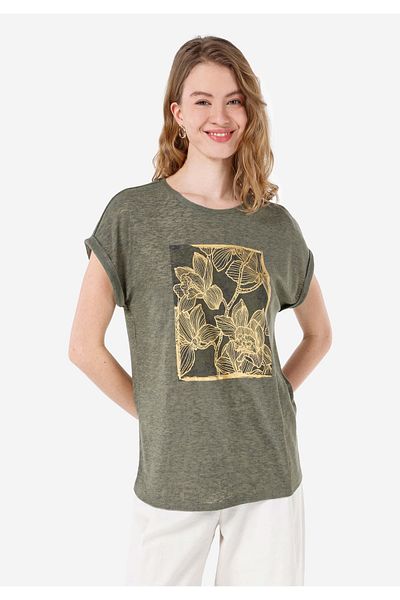 Colin's Regular Fit Crew Neck Printed Green Women's Short Sleeve T-Shirt Cl 1068093