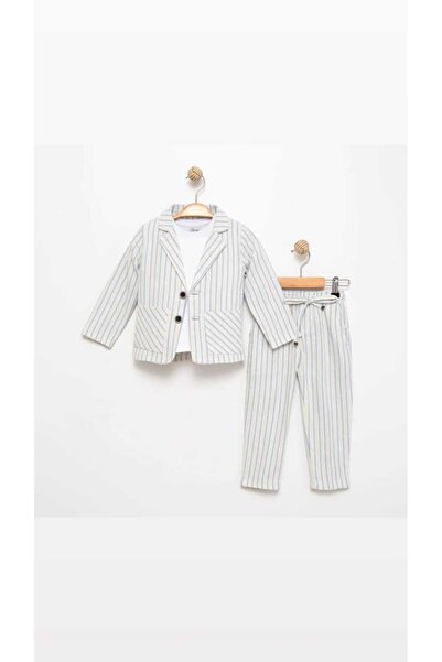 DFN Σετ ριγέ λινό μπουφάν/μπλουζάκι/παντελόνι