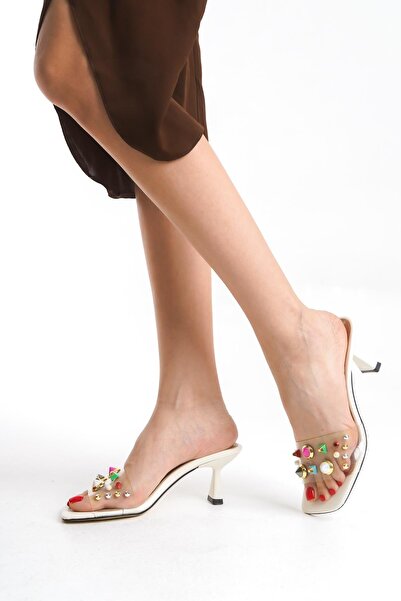 Niloshka Vi̇sca White Skin Transparent Stone Women's Slippers