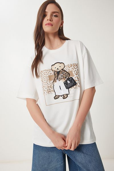 Lovelyİstanbul Teddy Bear Embroidered Cotton Oversize Knitted T-Shirt Ecru Lcr0038