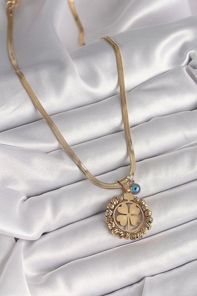 Clariss 316L Steel Gold Color Italian Chain Dorica Clover Model Evil Eye Bead Detail Women's Necklace
