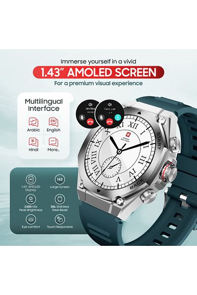 Swiss Military DOM6 Smartwatch 1.43” AMOLED,BT Calling,Health & Sports,IP67,7 Days,iOS/Android Compatible Green