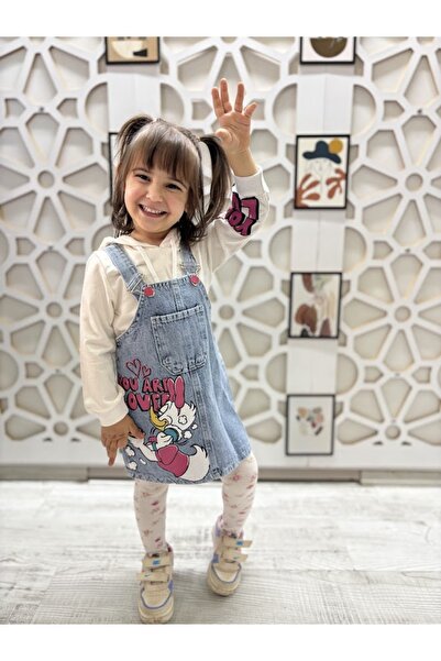 KUMRUNUN DÜNYASI Kız Çocuk Desenli Mevsimlik Kot Salopet Tulum 2'li Takım